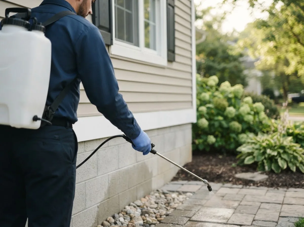 Pest control technician inspecting a home in Naponee, NE
